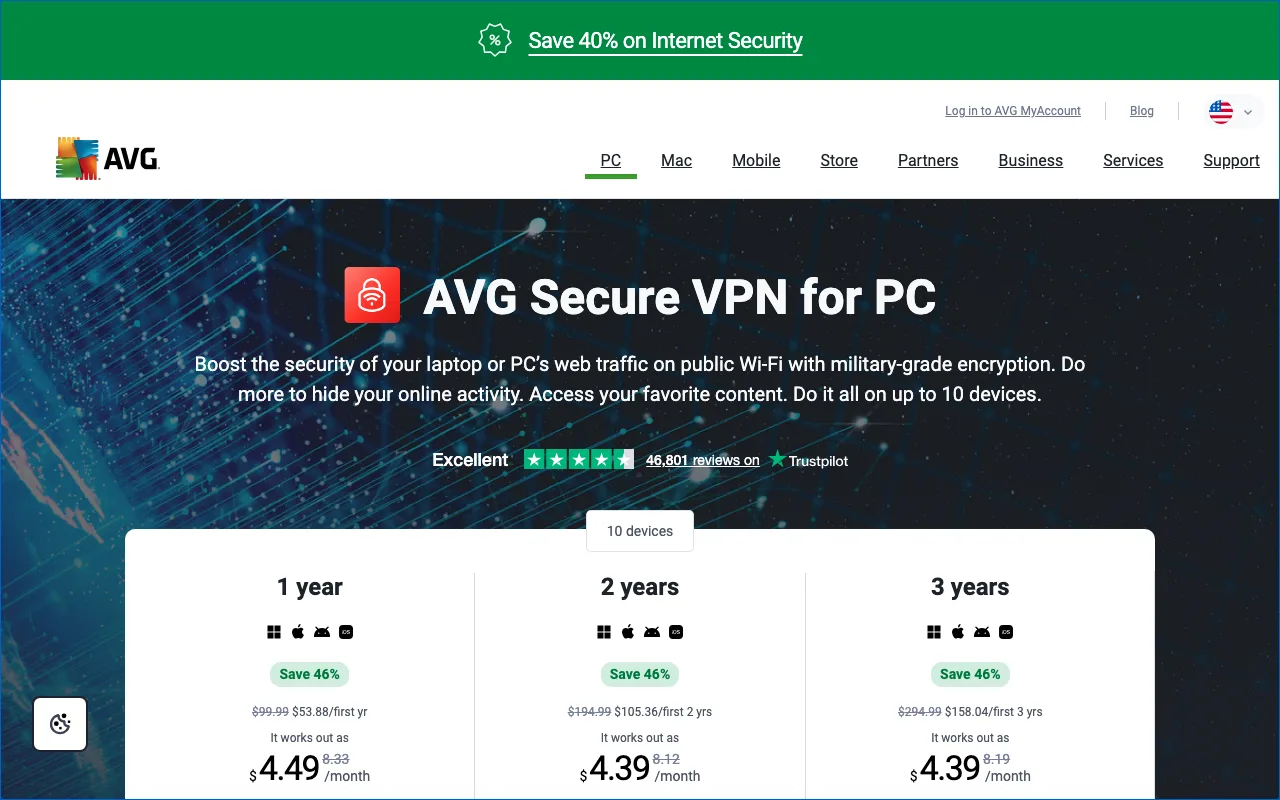 AVG Secure VPN homepage