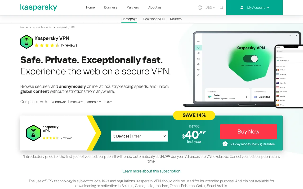 Kaspersky VPN Secure Connection homepage
