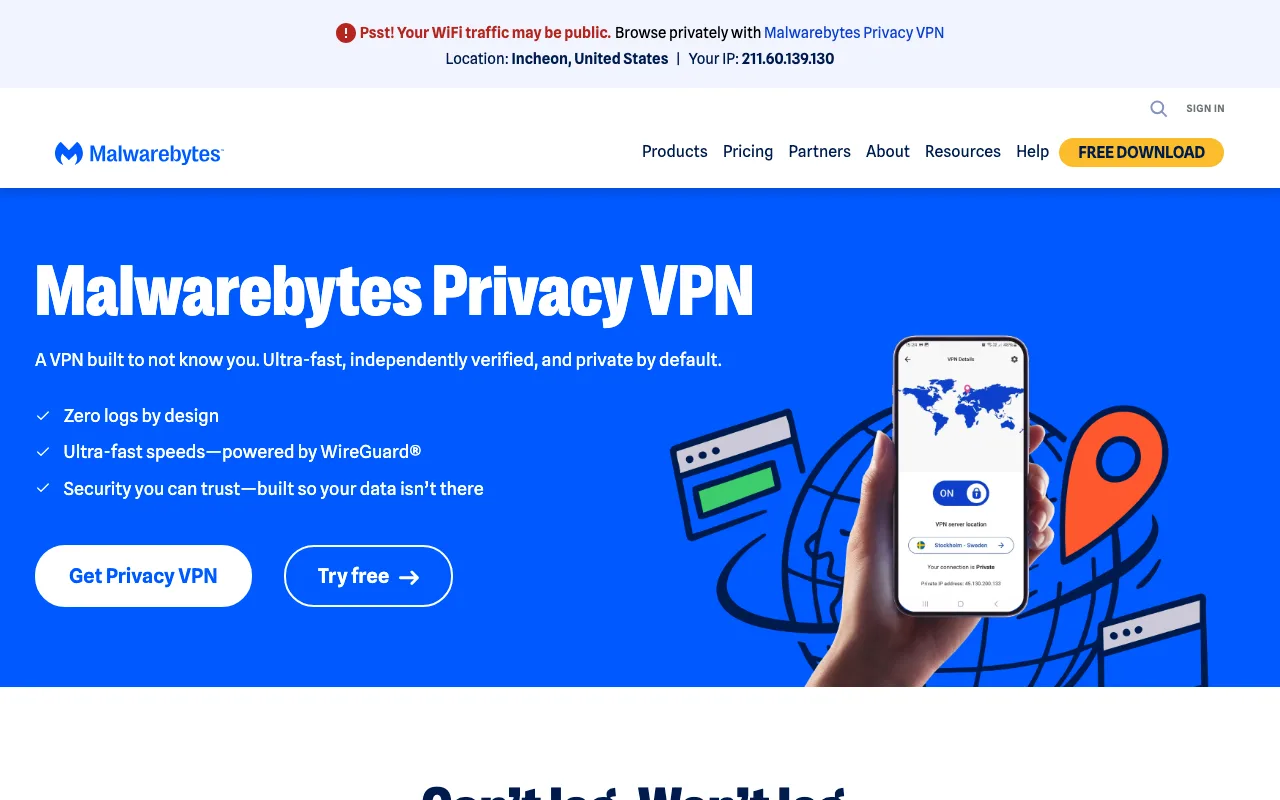 Malwarebytes Privacy VPN homepage