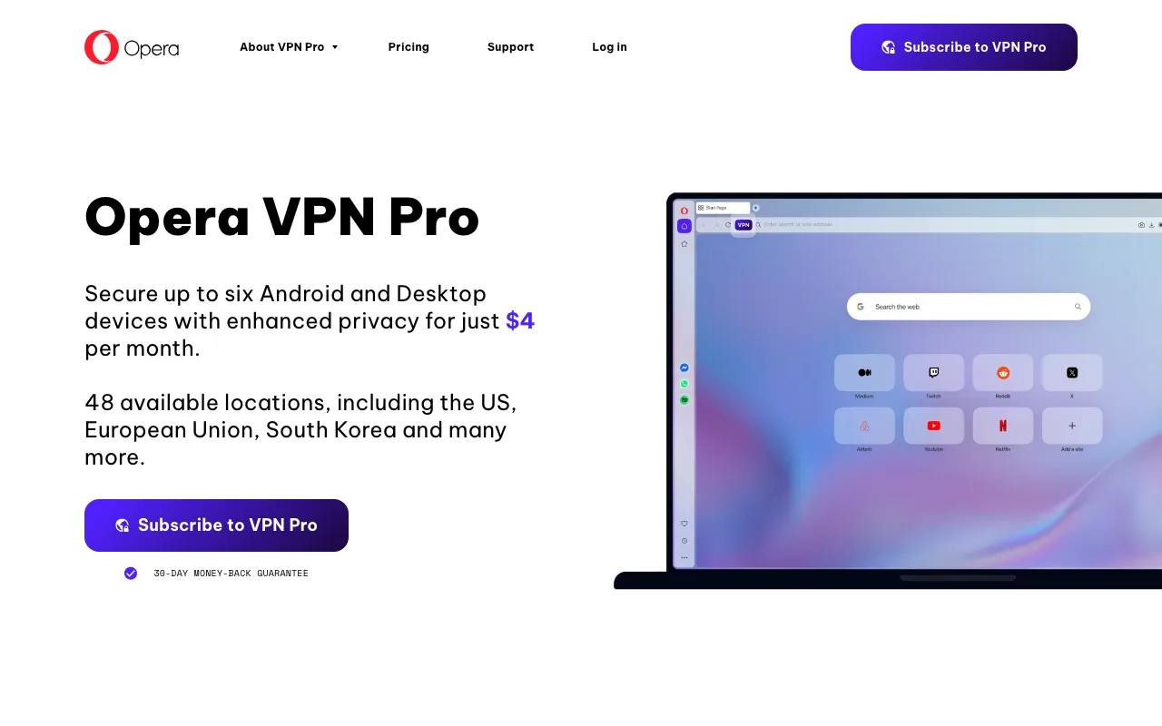 Opera VPN Pro homepage