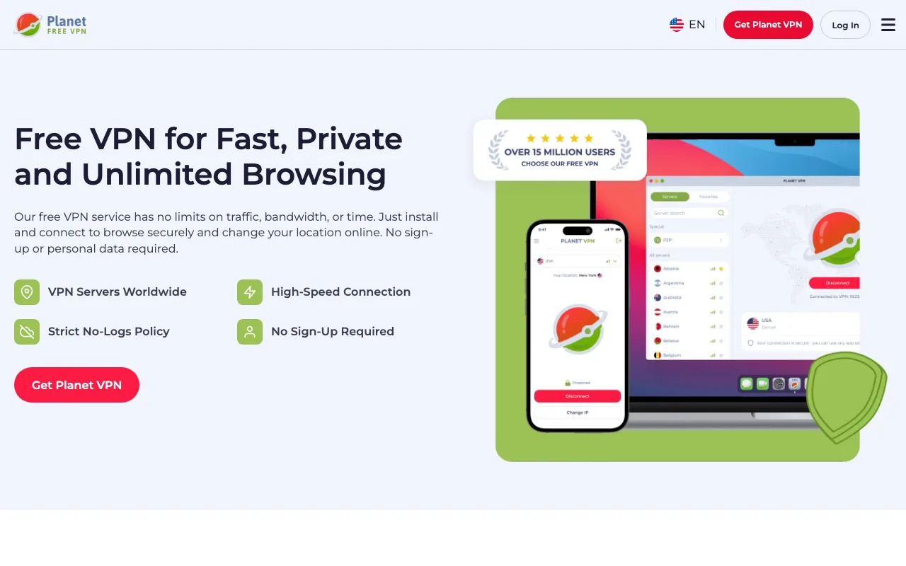Planet VPN homepage
